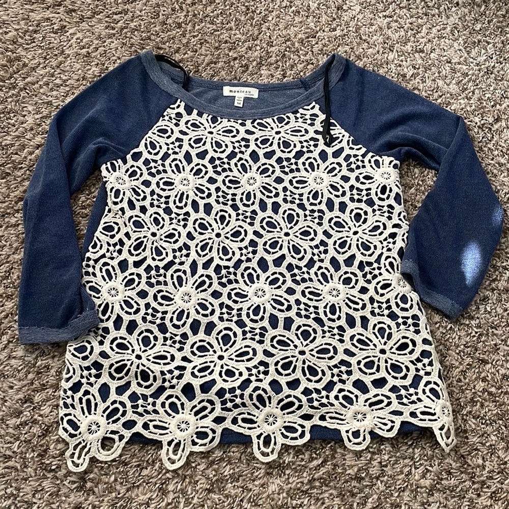 NWOT blue and lace overlay top